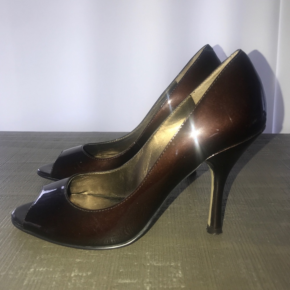 Anne Klein Metallic Patent Brown Peep Toe Heels